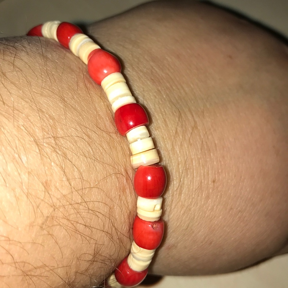 New coral and pooka shell bracelet handmade stretchy